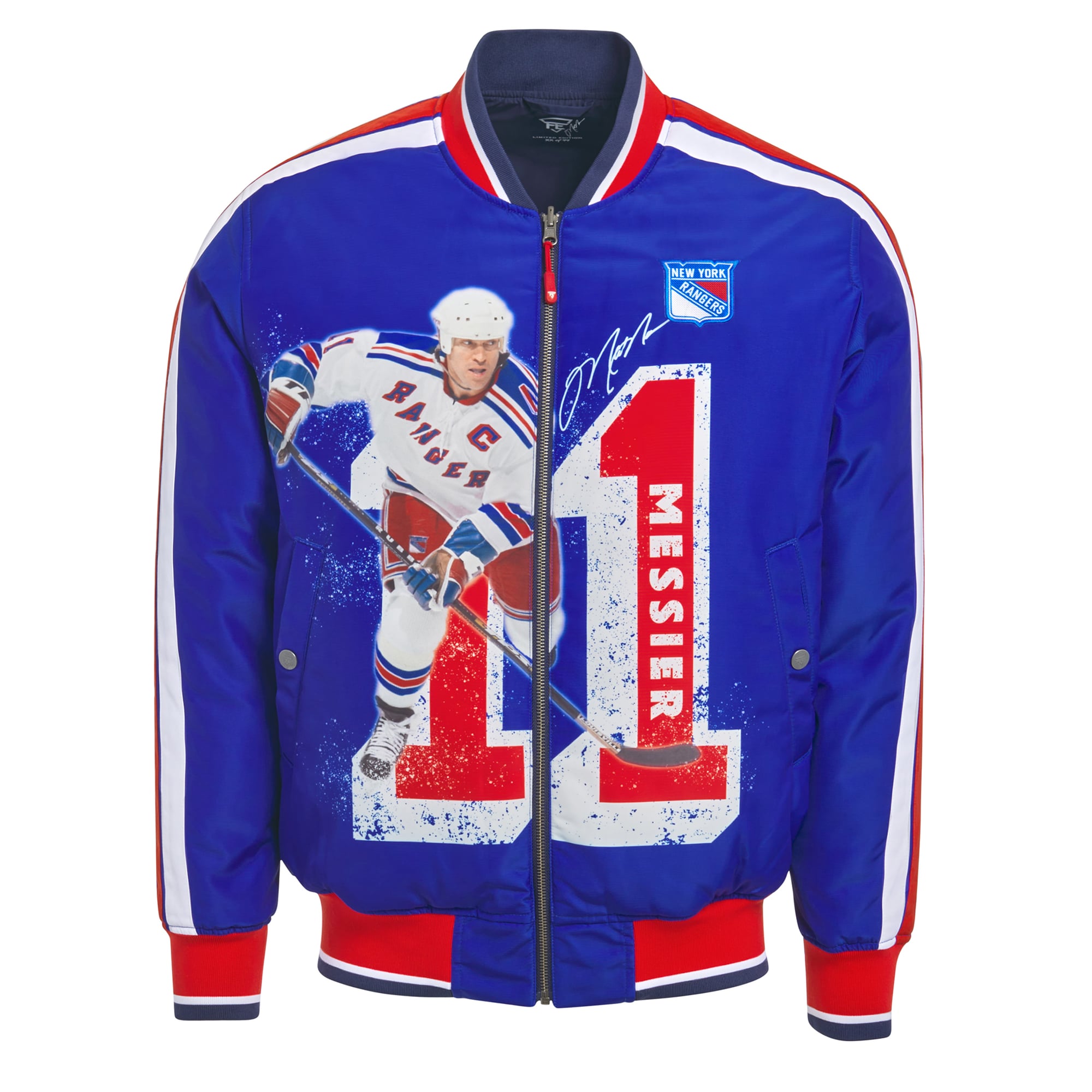 Veste bomber réversible zippée pour homme FE Mark Messier bleu marine/marine des Rangers de New York
